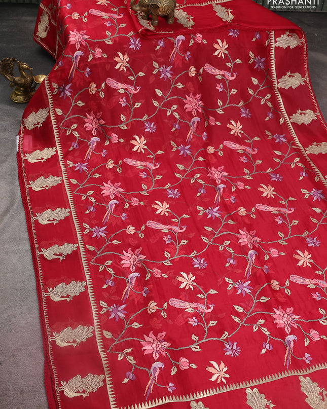 Pure organza silk saree maroon with allover embroidery and zari woven butta border