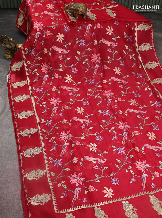 Pure organza silk saree maroon with allover embroidery and zari woven butta border