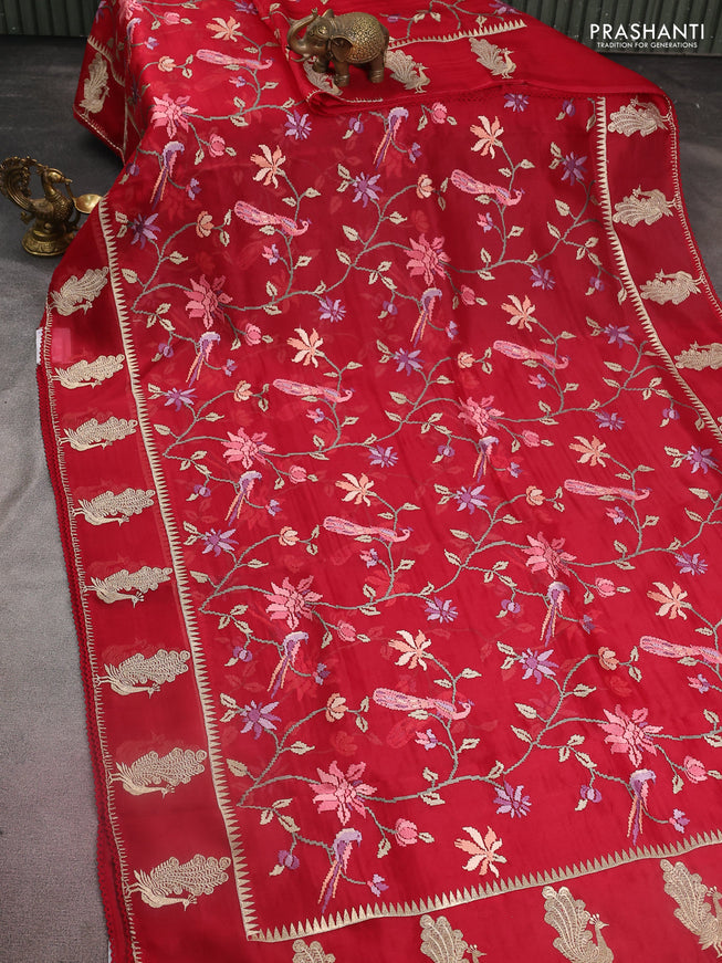 Pure organza silk saree maroon with allover embroidery and zari woven butta border