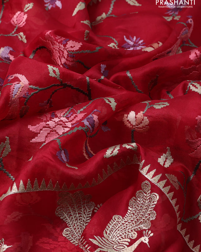 Pure organza silk saree maroon with allover embroidery and zari woven butta border