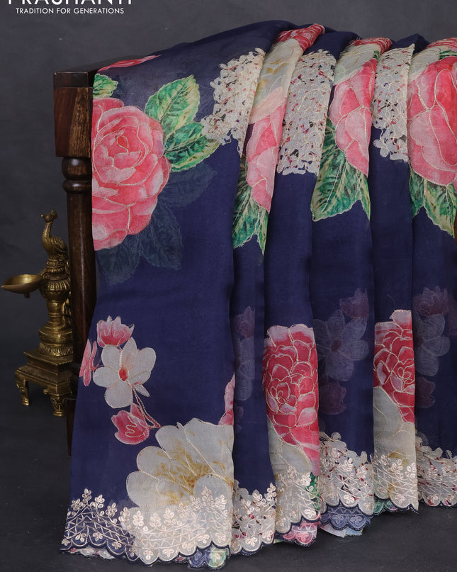 Pure organza silk saree navy blue with floral digital prints & pita work and pita work border