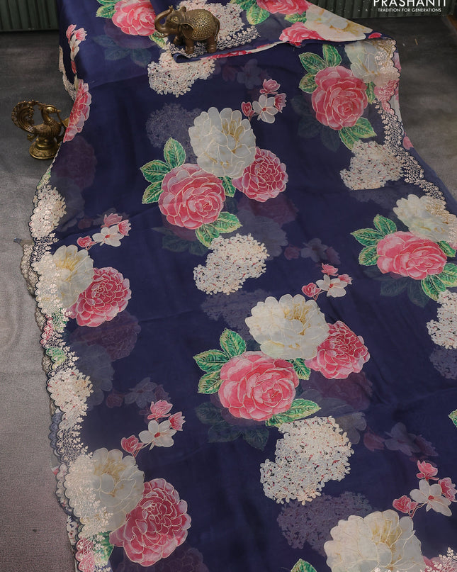 Pure organza silk saree navy blue with floral digital prints & pita work and pita work border