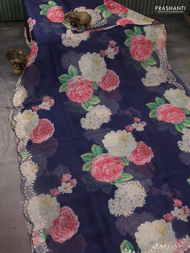 Pure organza silk saree navy blue with floral digital prints & pita work and pita work border