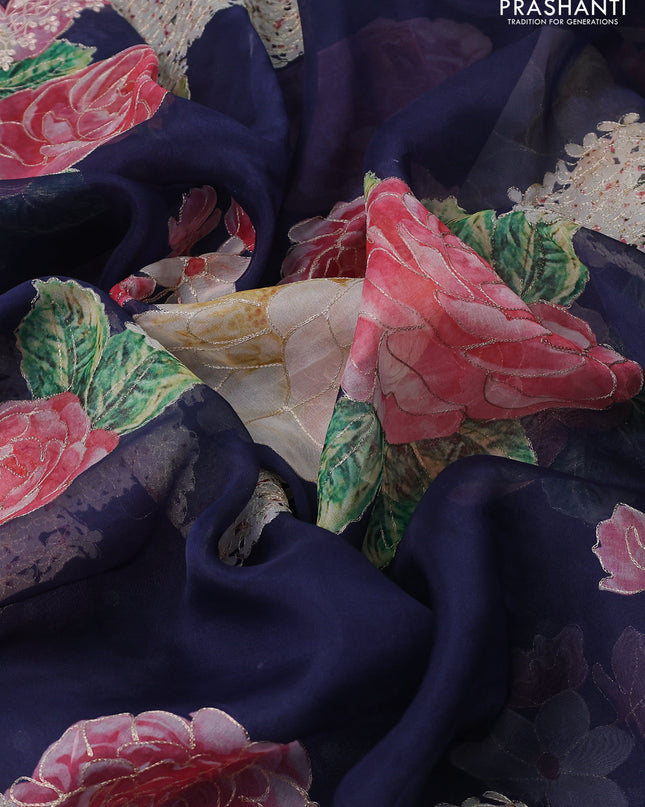 Pure organza silk saree navy blue with floral digital prints & pita work and pita work border