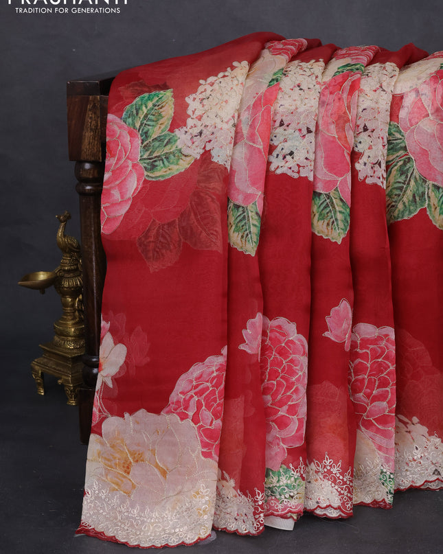 Pure organza silk saree maroon with floral digital prints & pita work and pita work border