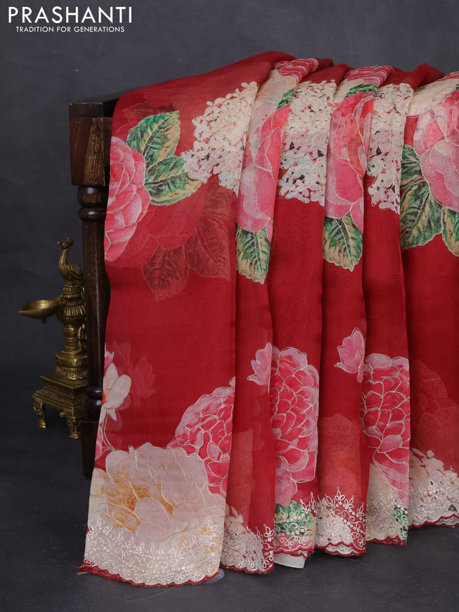 Pure organza silk saree maroon with floral digital prints & pita work and pita work border