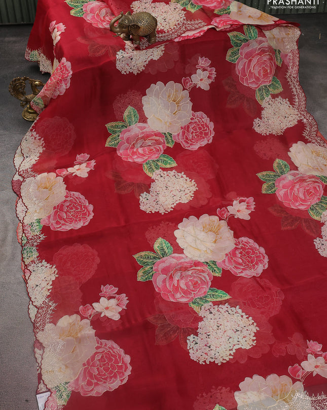 Pure organza silk saree maroon with floral digital prints & pita work and pita work border