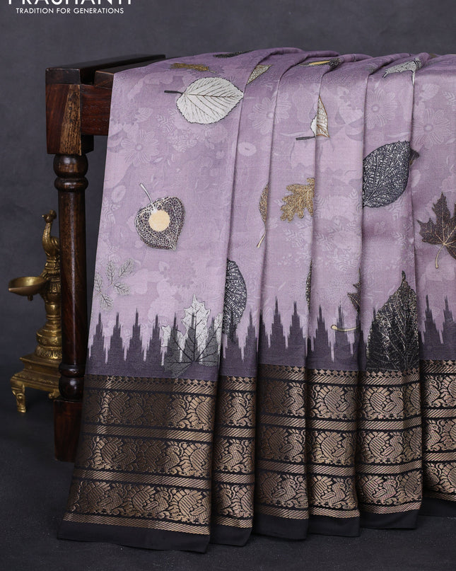 Pochampally silk saree pastel purple and black with allover digital prints and temple design annam zari woven border