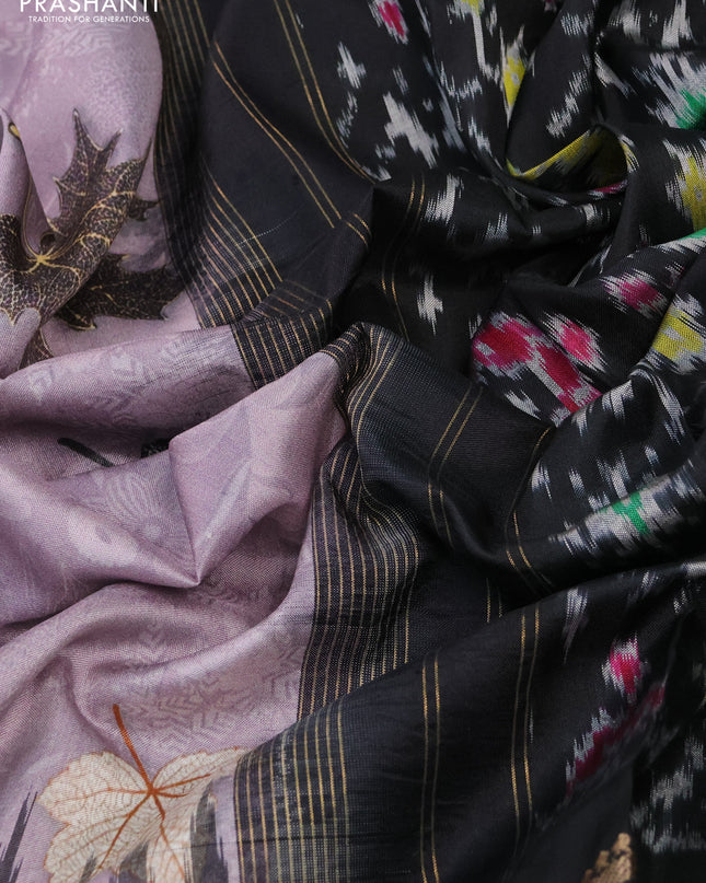 Pochampally silk saree pastel purple and black with allover digital prints and temple design annam zari woven border