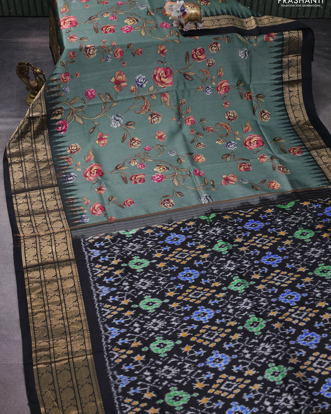 Pochampally silk saree pastel green and black with allover floral digital prints and temple design annam zari woven border