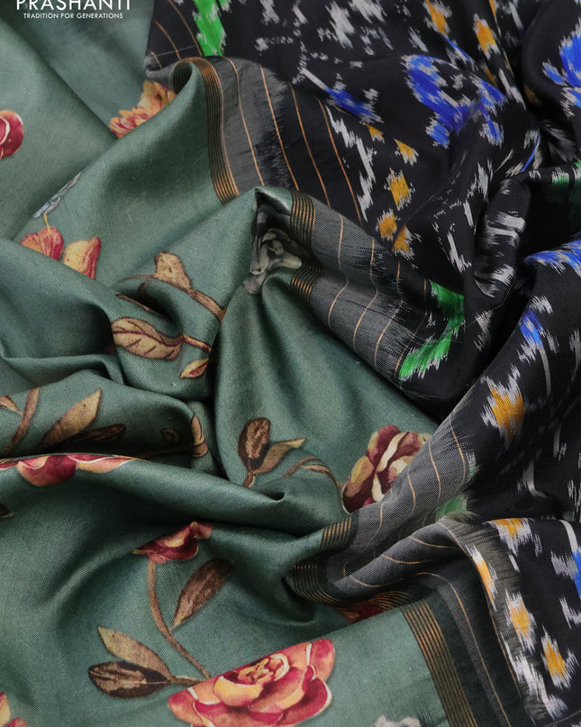 Pochampally silk saree pastel green and black with allover floral digital prints and temple design annam zari woven border