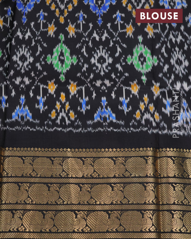 Pochampally silk saree pastel green and black with allover floral digital prints and temple design annam zari woven border