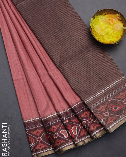 Semi tussar saree dark peach and brown with plain body and patola printed border