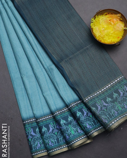 Semi tussar saree teal blue and peacock blue with plain body and patola printed border