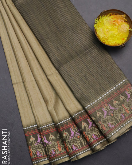 Semi tussar saree elaichi green and sap green with plain body and patola printed border
