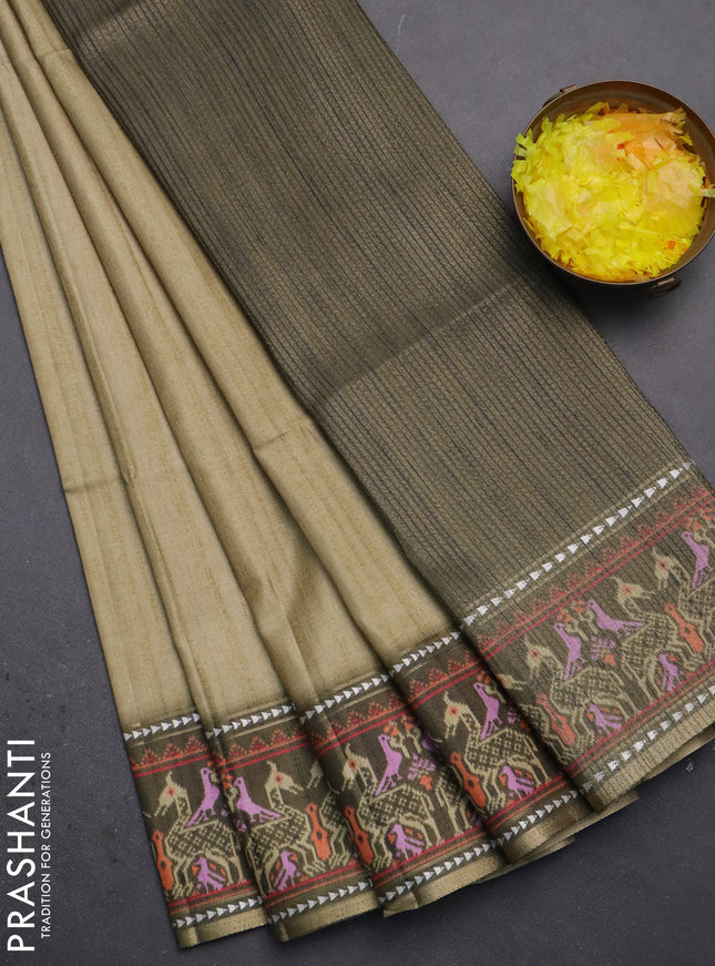 Semi tussar saree elaichi green and sap green with plain body and patola printed border