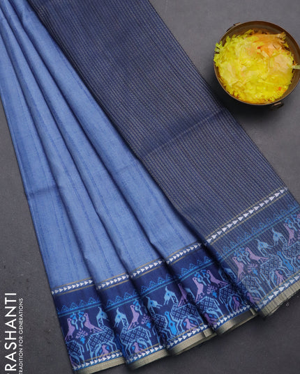 Semi tussar saree blue shade and blue with plain body and patola printed border