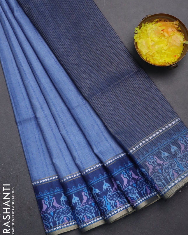 Semi tussar saree blue shade and blue with plain body and patola printed border