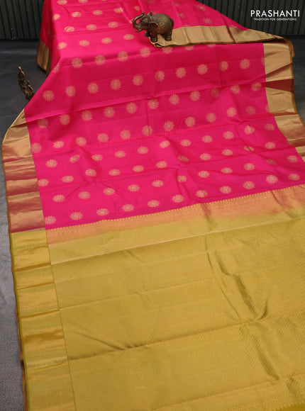Pure kanchipuram silk saree candy pink and mehendi green with zari woven floral buttas and zari woven border