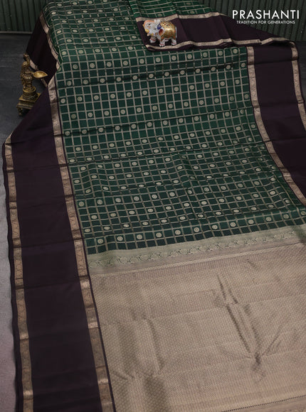 Pure kanchipuram silk saree bottle green and wine shade with allover zari checks & buttas and long rettapet zari woven border