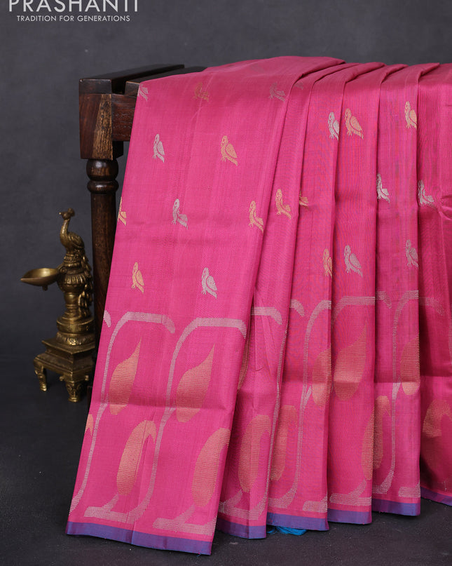 Pure uppada silk saree pink and cs blue with silver & gold zari woven buttas and long zari woven border