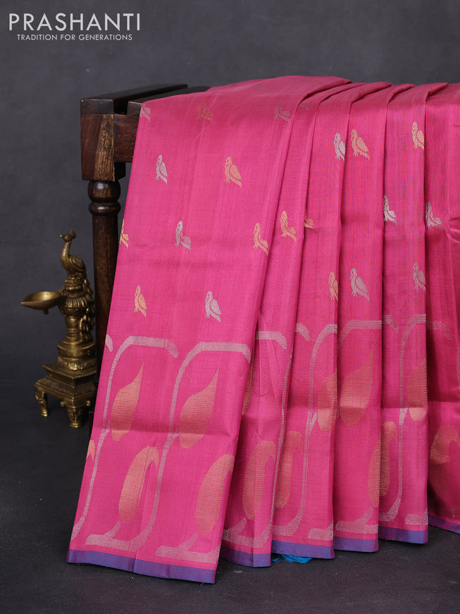 Pure uppada silk saree pink and cs blue with silver & gold zari woven buttas and long zari woven border