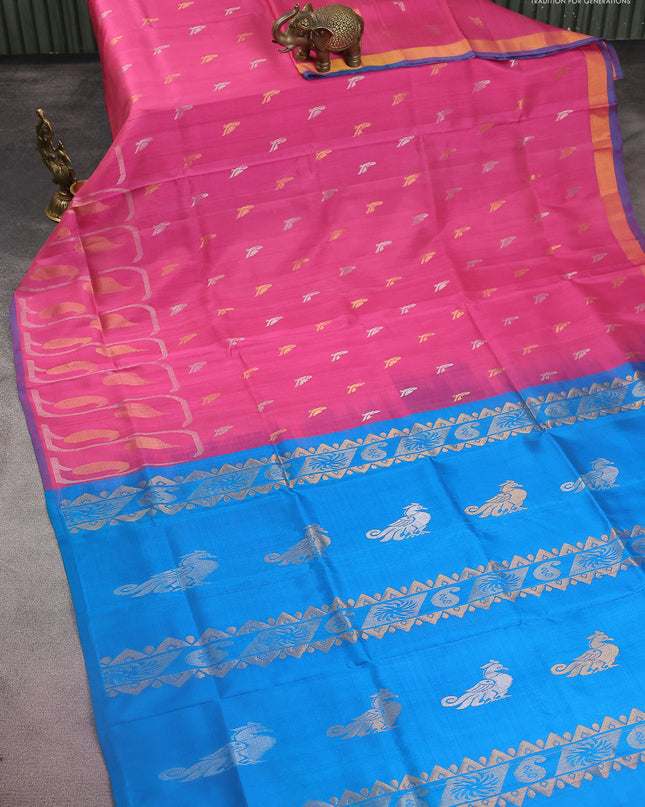 Pure uppada silk saree pink and cs blue with silver & gold zari woven buttas and long zari woven border