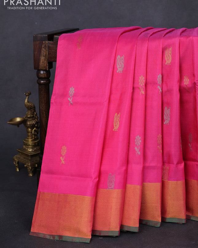Pure uppada silk saree pink and green with silver & gold zari woven buttas and zari woven border