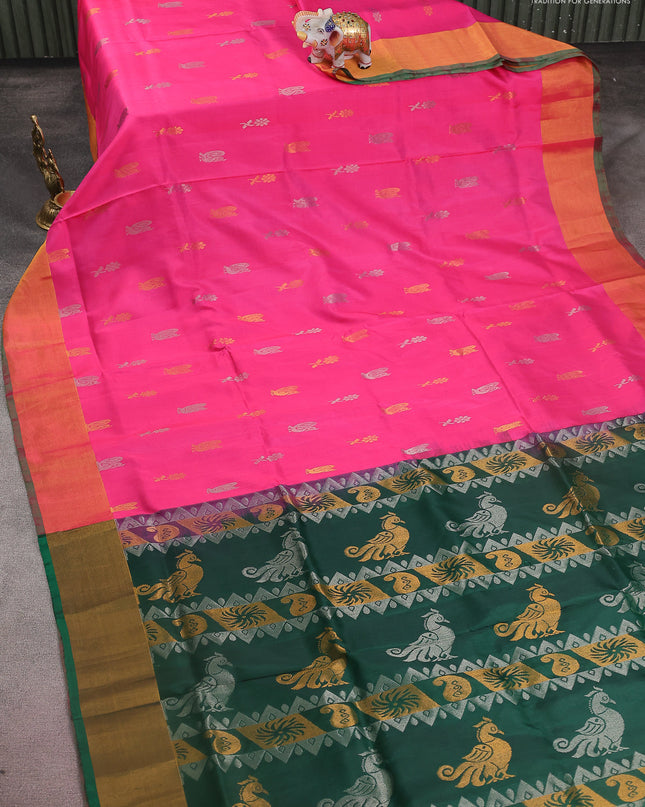 Pure uppada silk saree pink and green with silver & gold zari woven buttas and zari woven border