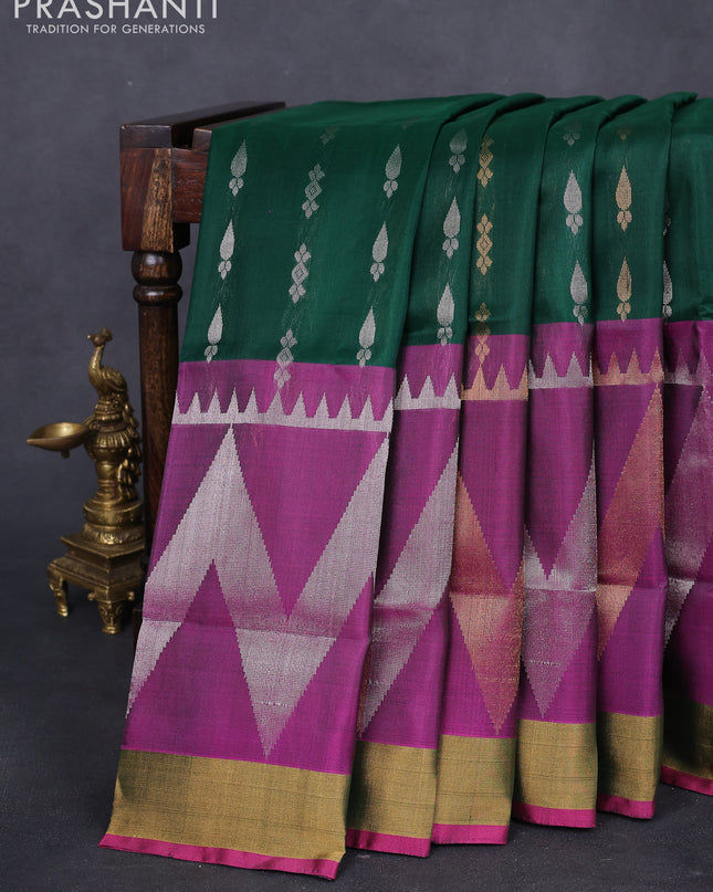 Pure uppada silk saree dark green and pink with allover silver & gold zari buttas and long zari woven border