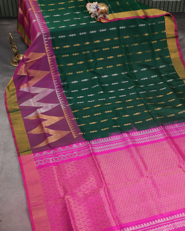 Pure uppada silk saree dark green and pink with allover silver & gold zari buttas and long zari woven border
