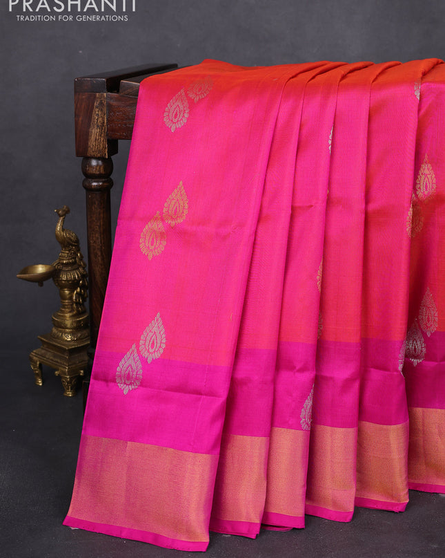 Pure uppada silk saree dual shade of pinkish orange and pink with silver & gold zari woven buttas and zari woven border