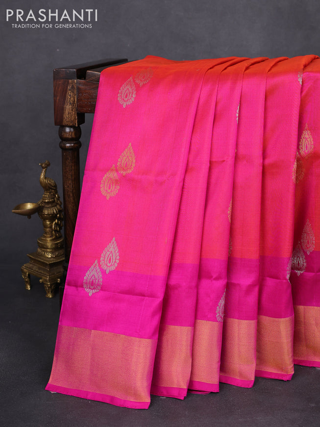 Pure uppada silk saree dual shade of pinkish orange and pink with silver & gold zari woven buttas and zari woven border
