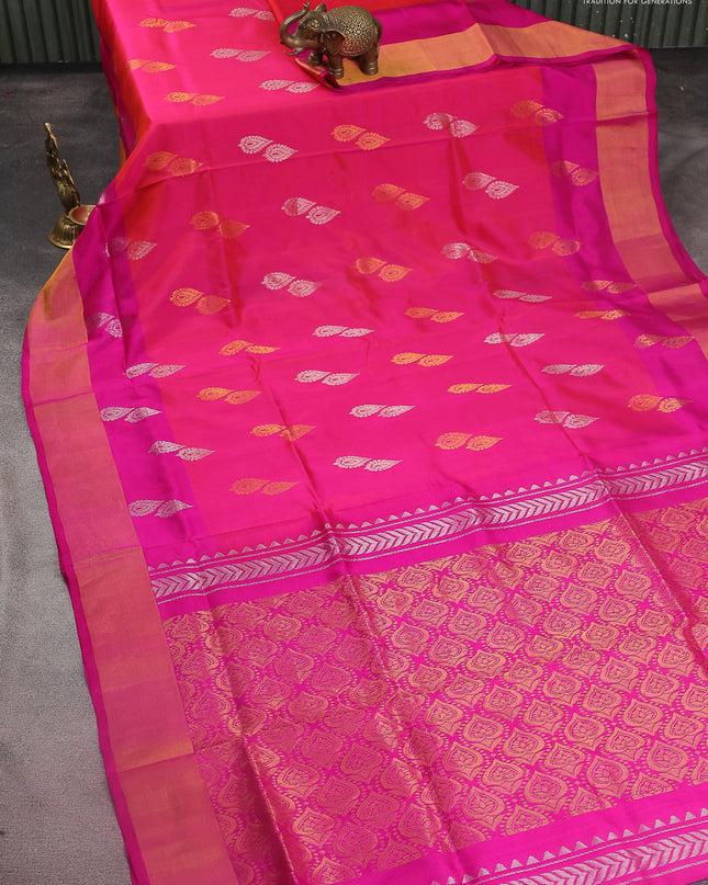 Pure uppada silk saree dual shade of pinkish orange and pink with silver & gold zari woven buttas and zari woven border