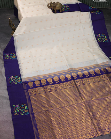 Pure gadwal silk saree cream and blue with zari woven buttas and temple design embroidery border