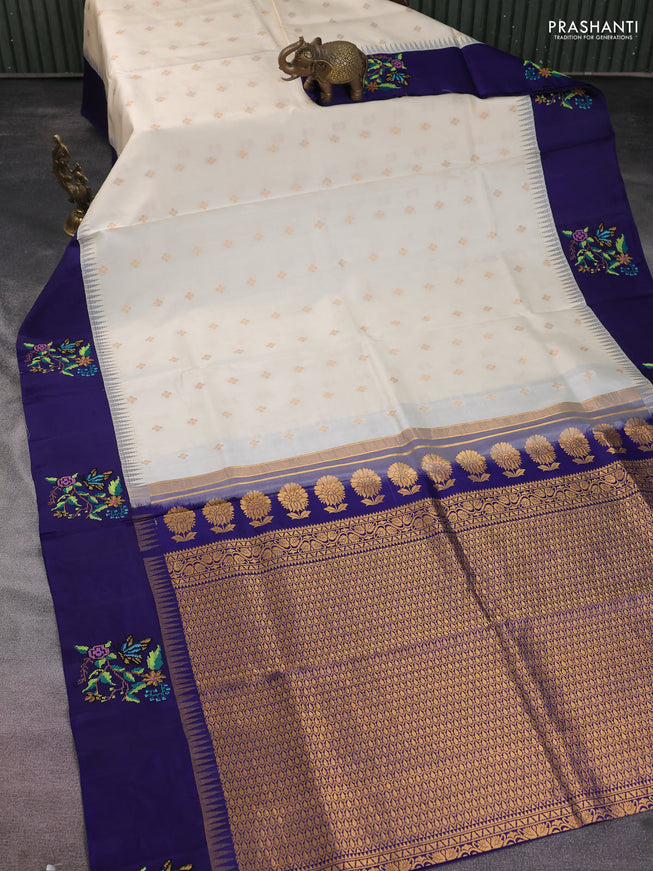 Pure gadwal silk saree cream and blue with zari woven buttas and temple design embroidery border