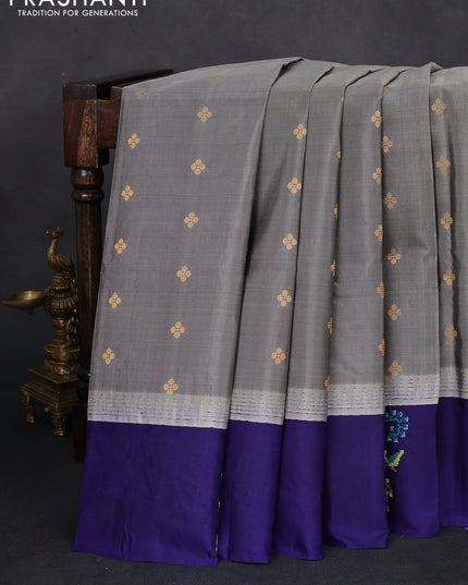 Pure gadwal silk saree grey and blue with zari woven buttas and temple design embroidery border