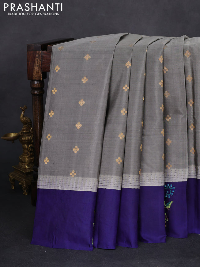 Pure gadwal silk saree grey and blue with zari woven buttas and temple design embroidery border