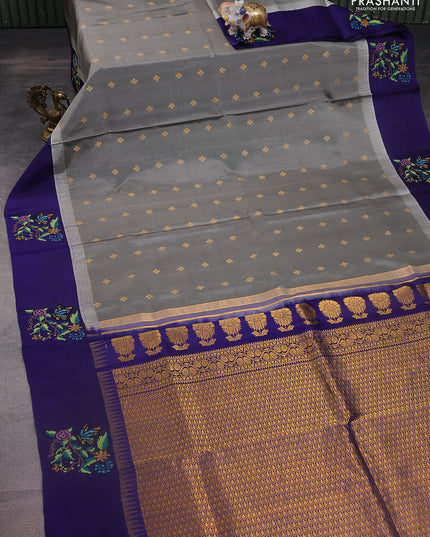 Pure gadwal silk saree grey and blue with zari woven buttas and temple design embroidery border