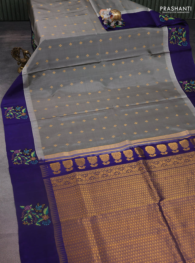 Pure gadwal silk saree grey and blue with zari woven buttas and temple design embroidery border