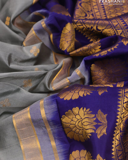 Pure gadwal silk saree grey and blue with zari woven buttas and temple design embroidery border