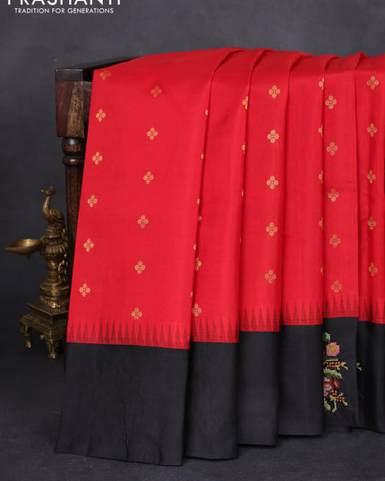 Pure gadwal silk saree red and black with zari woven buttas and temple design embroidery border