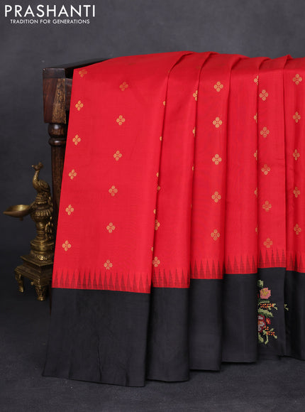 Pure gadwal silk saree red and black with zari woven buttas and temple design embroidery border