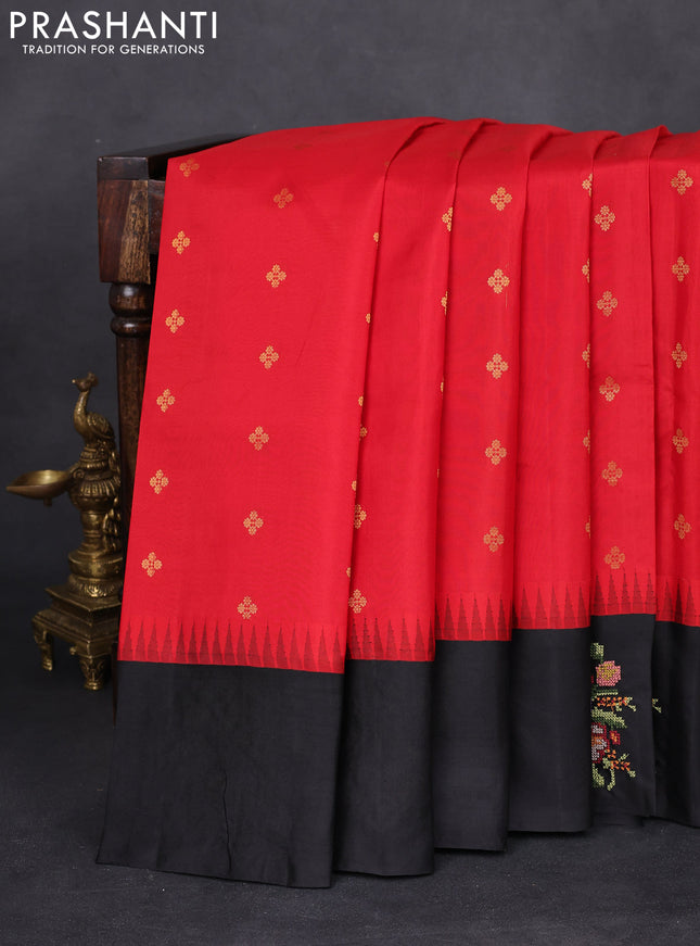 Pure gadwal silk saree red and black with zari woven buttas and temple design embroidery border
