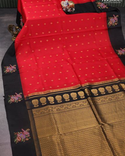 Pure gadwal silk saree red and black with zari woven buttas and temple design embroidery border