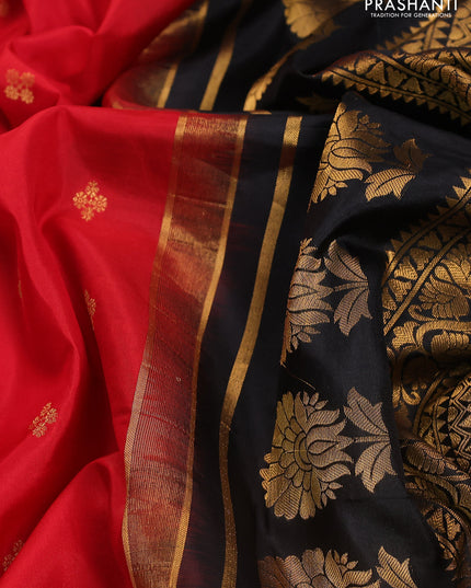 Pure gadwal silk saree red and black with zari woven buttas and temple design embroidery border