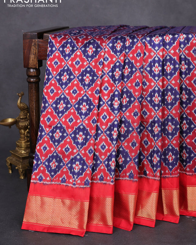 Pochampally silk saree dark blue and red with allover ikat weaves and zari woven border