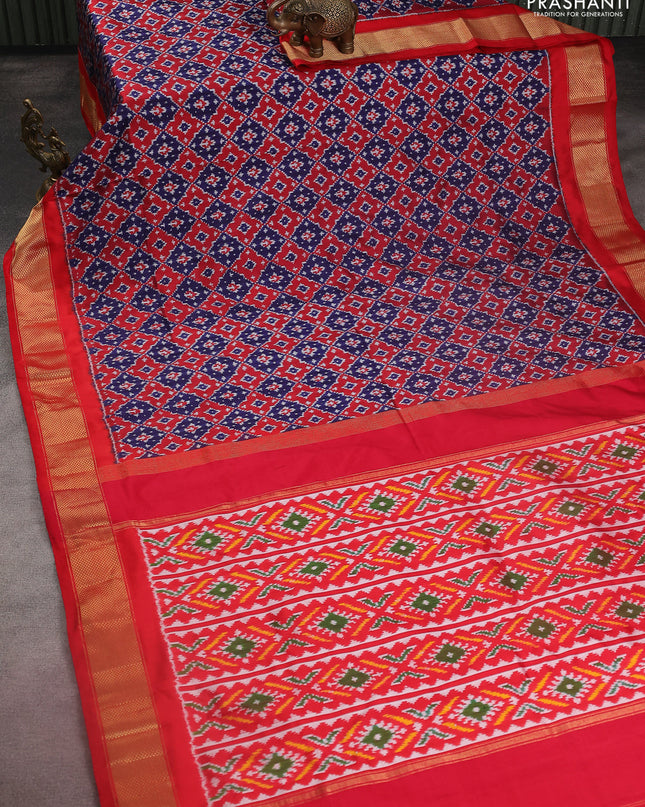 Pochampally silk saree dark blue and red with allover ikat weaves and zari woven border