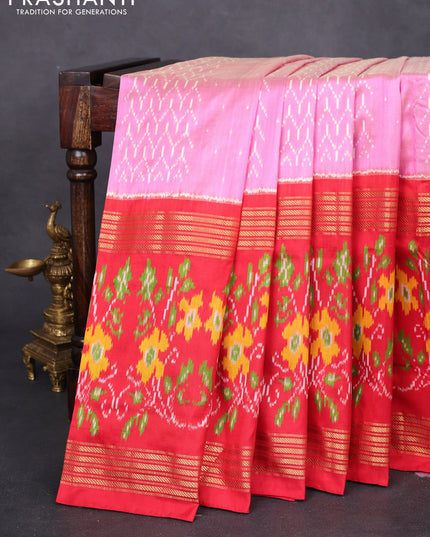 Pochampally silk saree light pink and red with allover ikat weaves and long ikat woven zari border