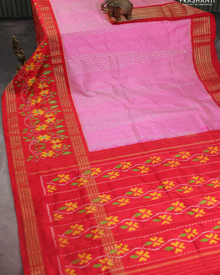 Pochampally silk saree light pink and red with allover ikat weaves and long ikat woven zari border